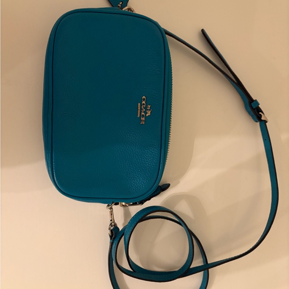 COACH Teal Pebbled Leather Crossbody Wristlet with Silver Hardware - Picture 4 of 9
